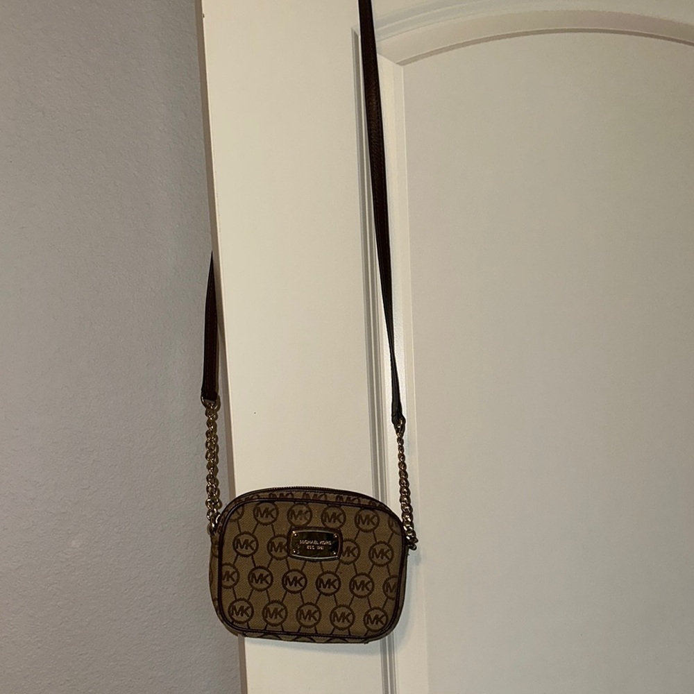 Michael Kors Tan and Brown Logo Crossbody Bag